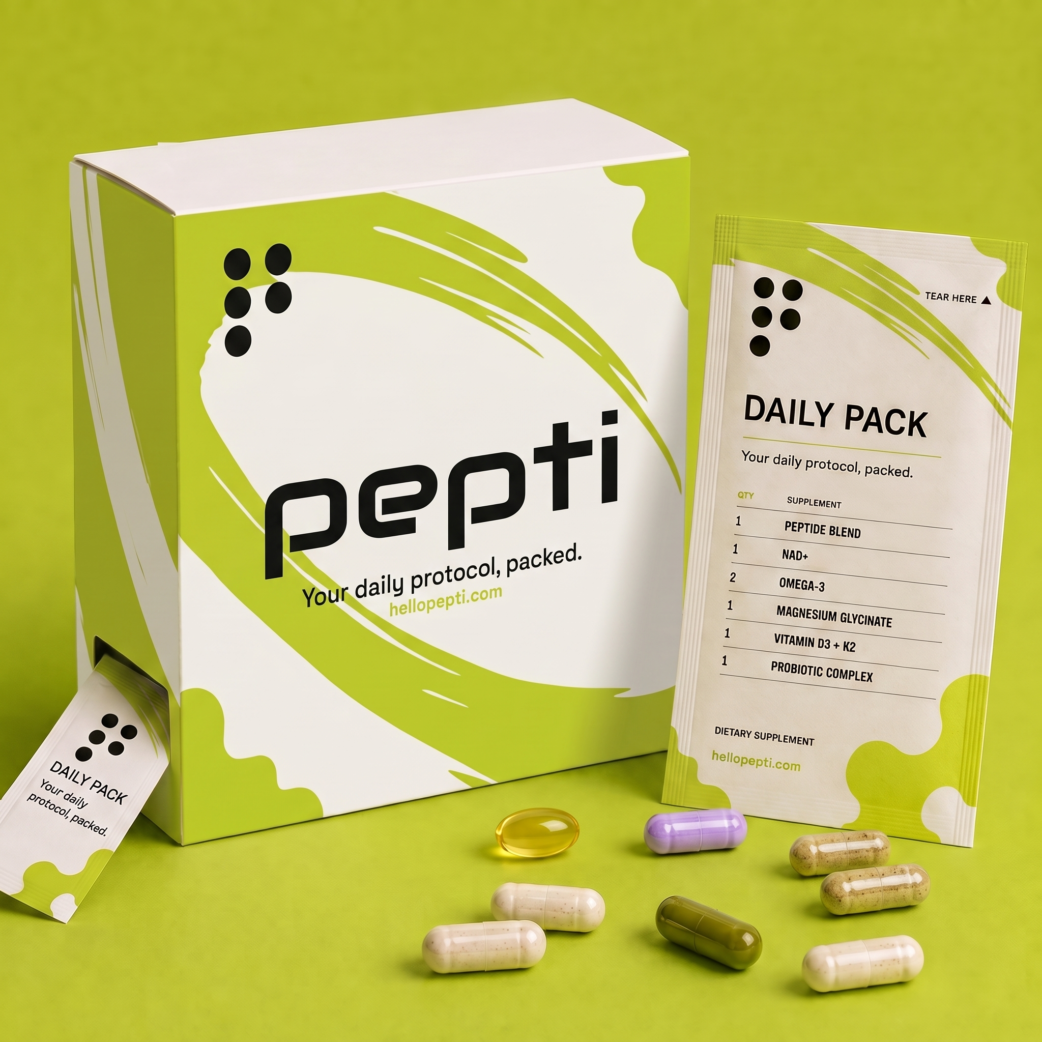 The pepti Daily Pack dispenser box with a tear-away daily supplement sachet