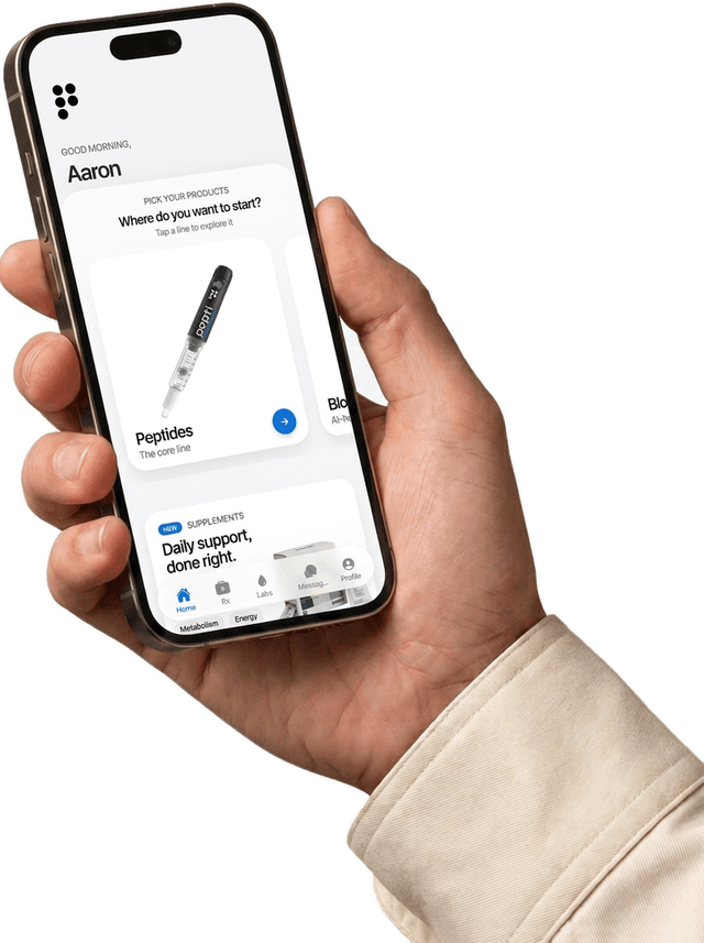 A hand holding an iPhone showing the Pepti app