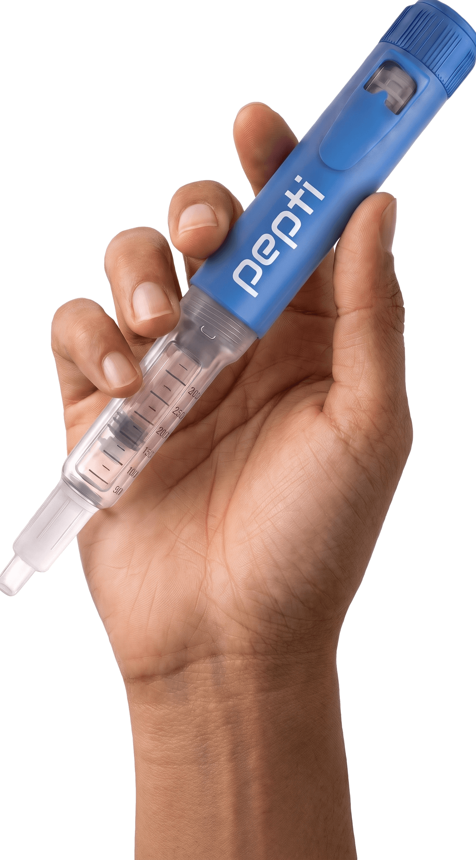 A hand holding the blue pepti Pen