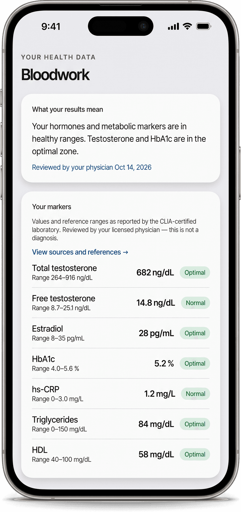 An iPhone showing pepti lab results