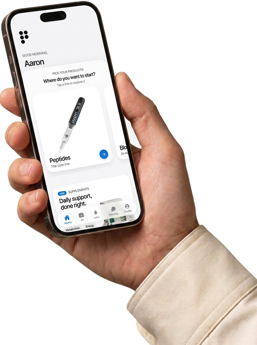 A hand holding an iPhone showing the Pepti app
